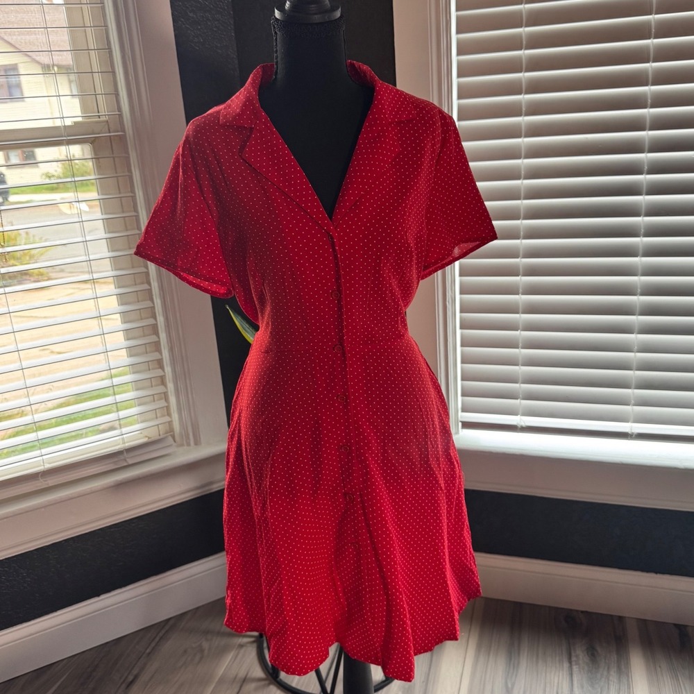 SM Wardrobe Polka Dot Shirt Dress Women Large Short Sleeve Tie Back Button Up